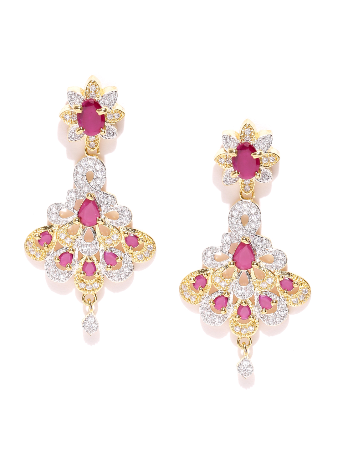 YouBella Pink  Silver-Toned Gold-Plated Floral Drop Earrings
